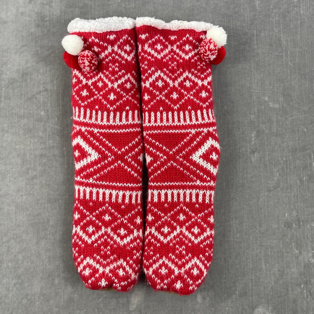 Jane‎ and Bleecker Womens 8-9 Red Fair Isle Pom Pom Slipper Socks